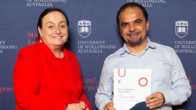Dr. Faisel Tubbal being awarded a Vice Chancellor’s Professional Services Staff Award for Outstanding Contribution to Student Learning (OCTAL). Pictured with Vice-Chancellor Professor Patricia M. Davidson